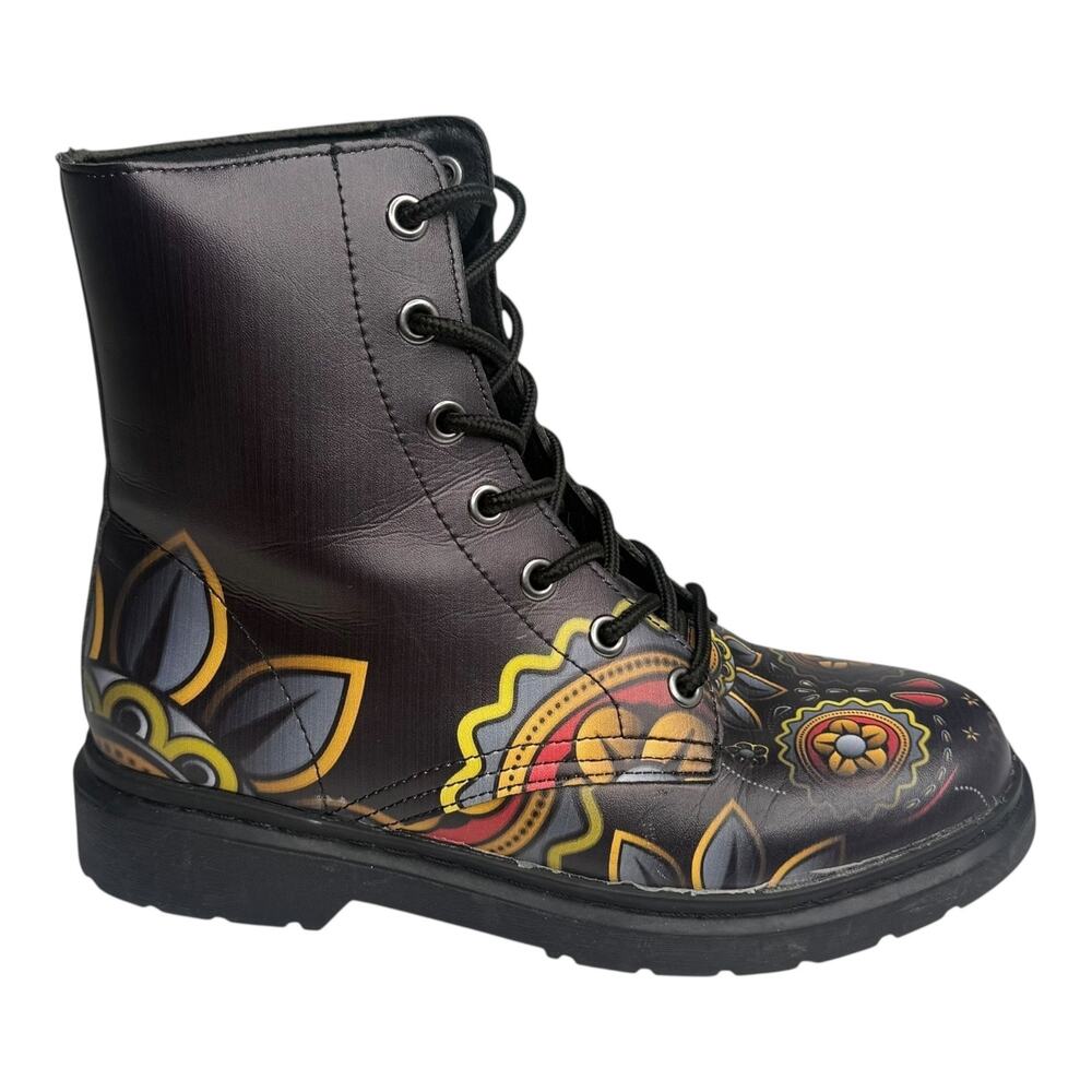 Raad Shop Boots Black Sugar Skull 7 Womens Vegan Leather Combat Lug Heel Lace Up